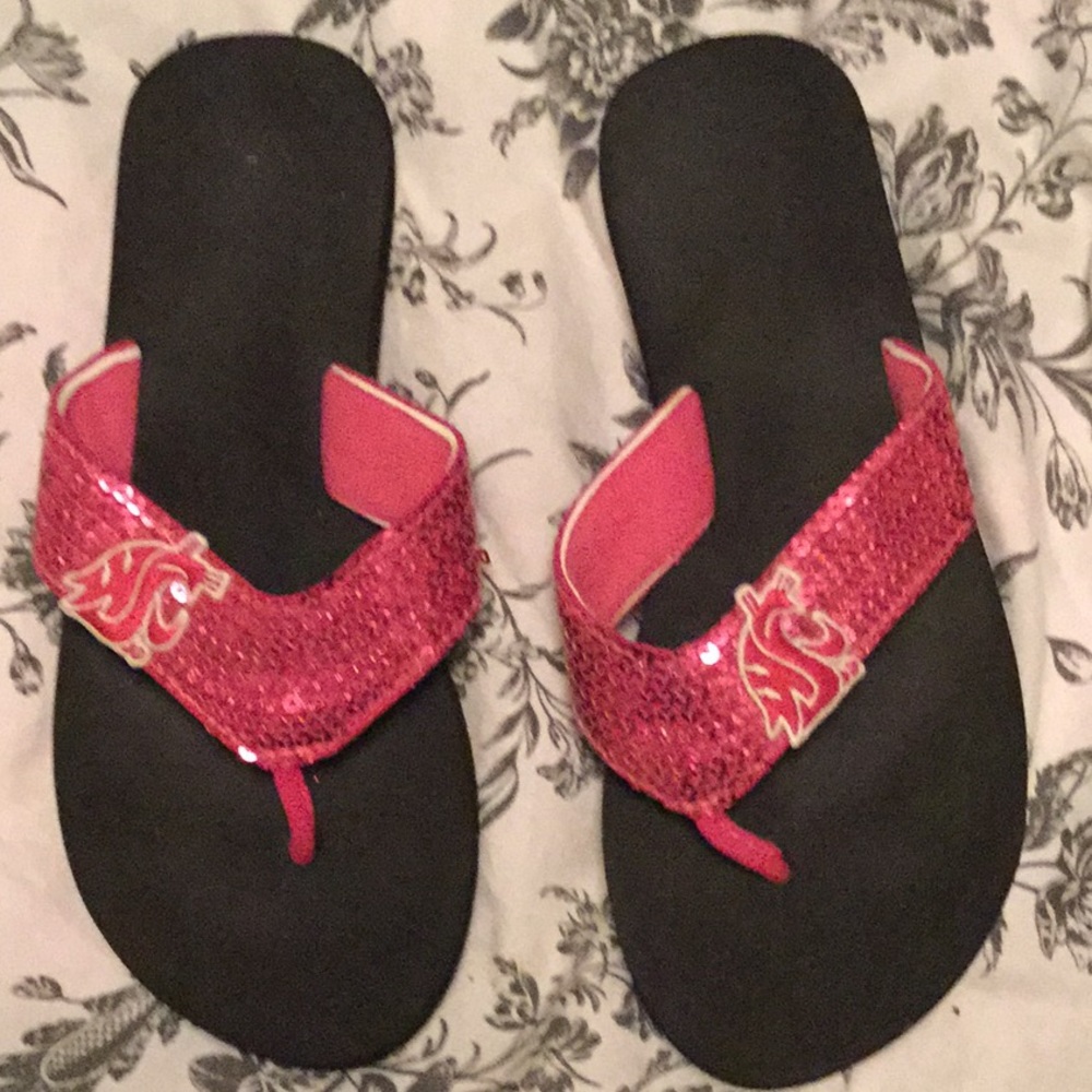 Washington State U sequin flip flops